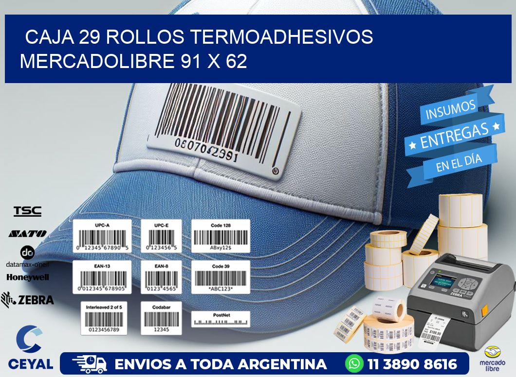CAJA 29 ROLLOS TERMOADHESIVOS MERCADOLIBRE 91 x 62