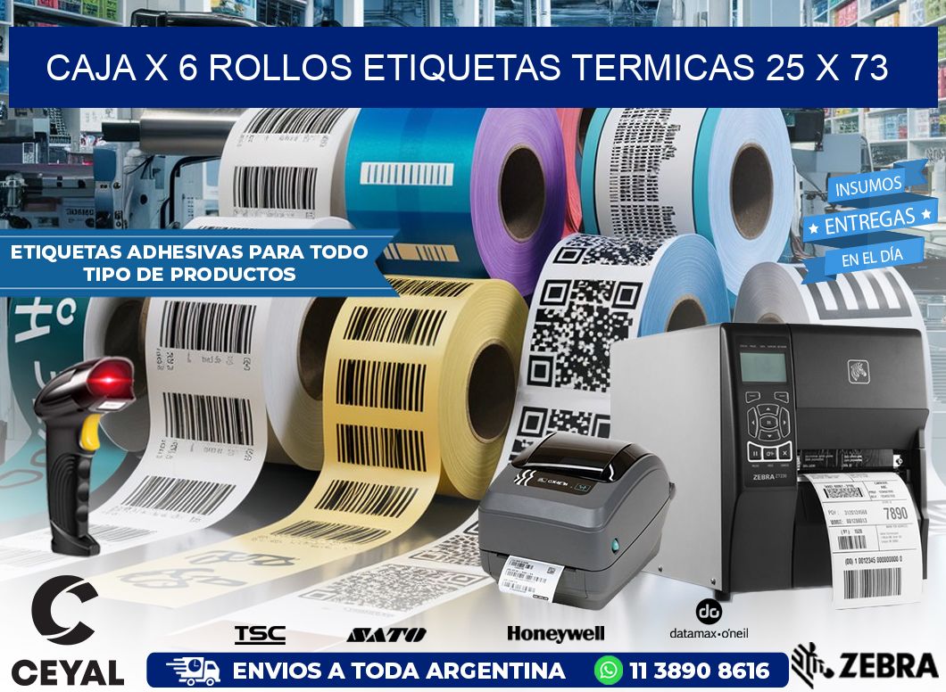 Caja X 6 Rollos Etiquetas termicas 25 x 73