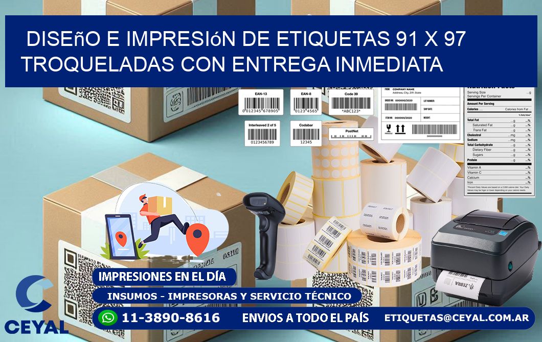 Diseño e impresión de etiquetas 91 x 97 troqueladas con entrega inmediata