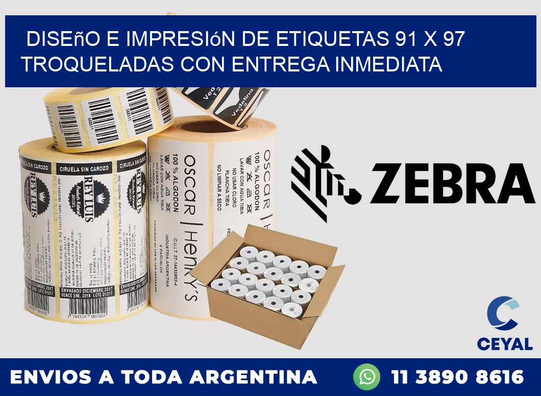 Diseño e impresión de etiquetas 91 x 97 troqueladas con entrega inmediata