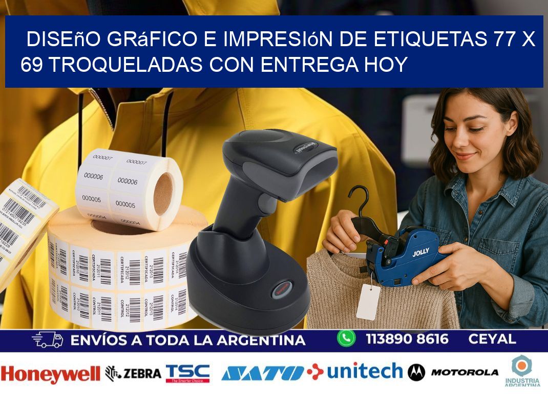 Diseño gráfico e impresión de etiquetas 77 x 69 troqueladas con entrega hoy