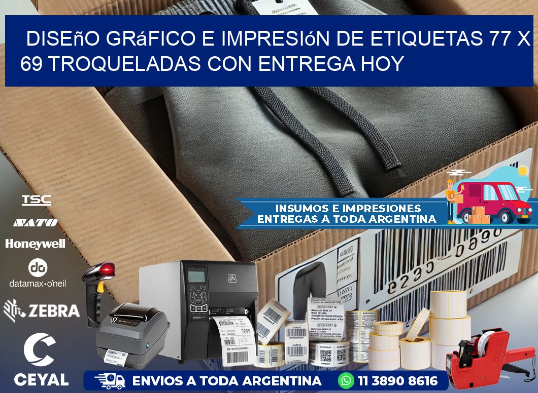 Diseño gráfico e impresión de etiquetas 77 x 69 troqueladas con entrega hoy