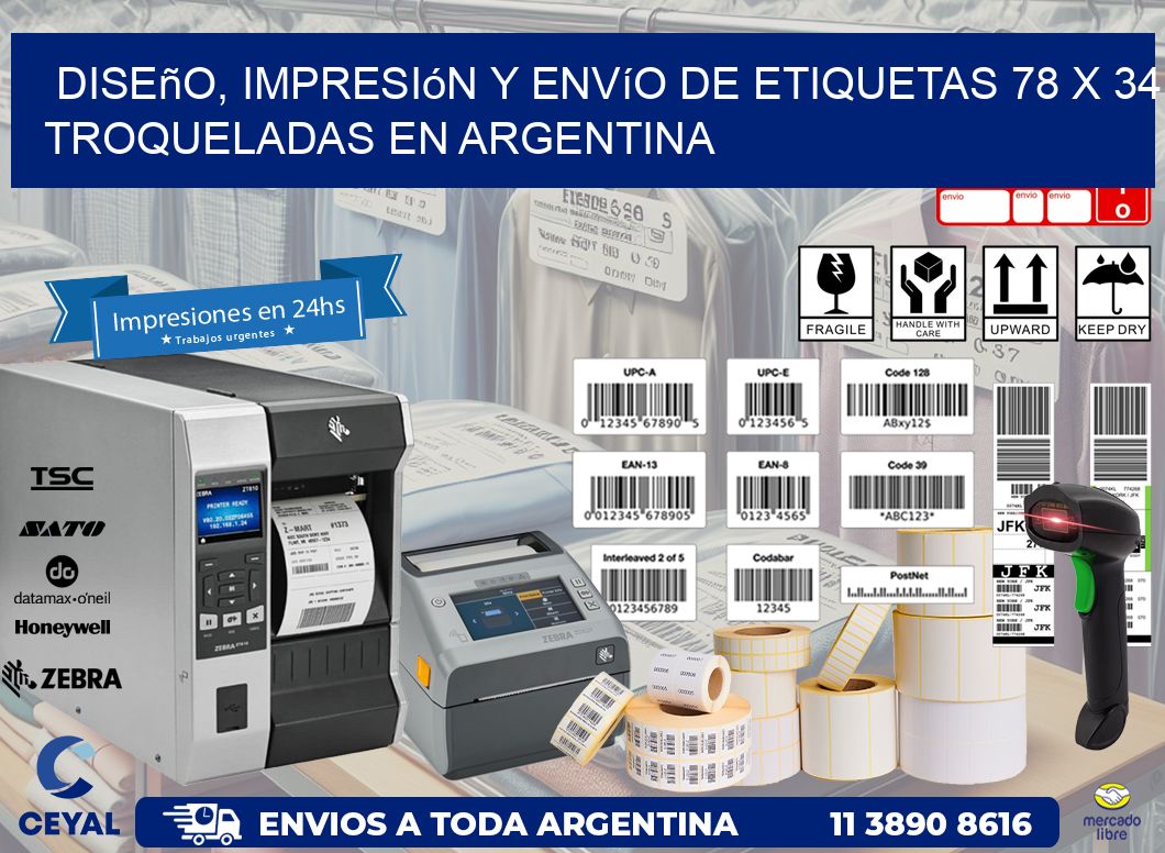 Diseño, impresión y envío de etiquetas 78 x 34 troqueladas en Argentina