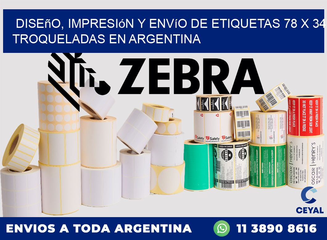 Diseño, impresión y envío de etiquetas 78 x 34 troqueladas en Argentina