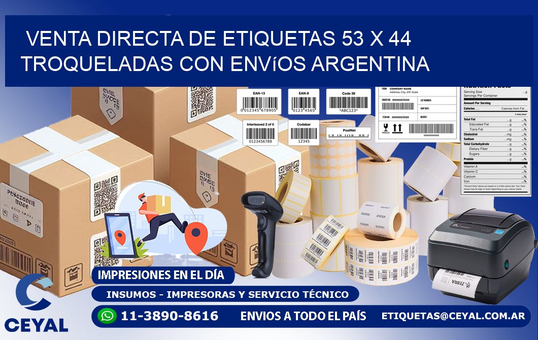 Venta directa de etiquetas 53 x 44 troqueladas con envíos Argentina