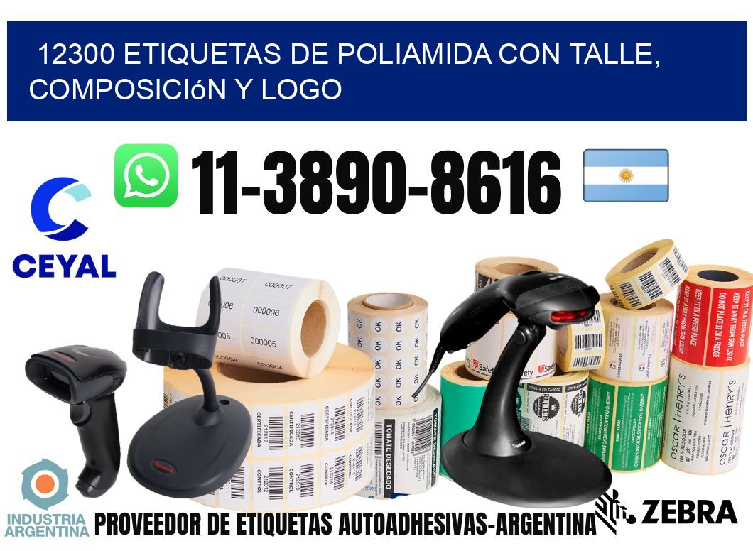 12300 Etiquetas de poliamida con talle, composición y logo