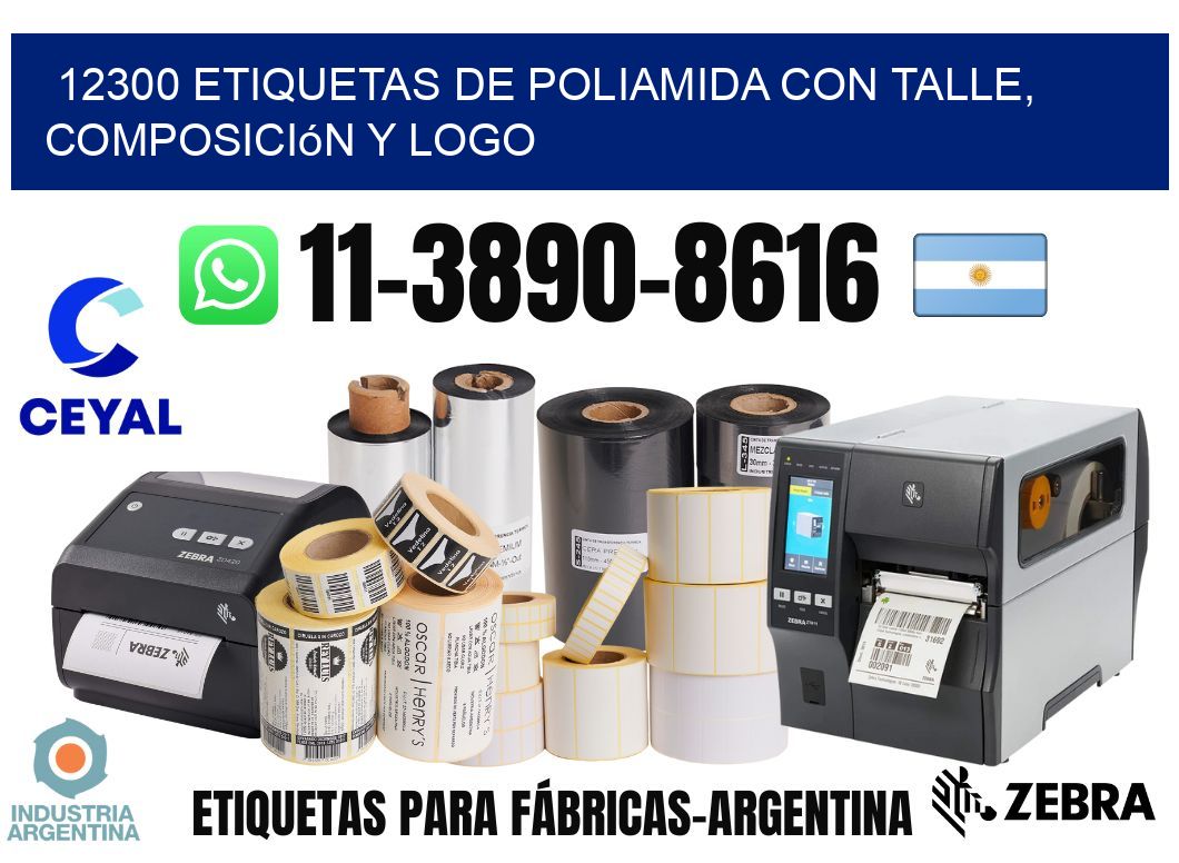 12300 Etiquetas de poliamida con talle, composición y logo