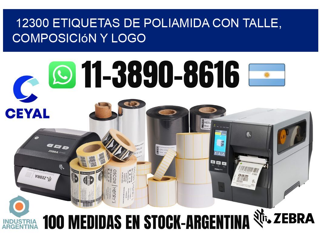 12300 Etiquetas de poliamida con talle, composición y logo