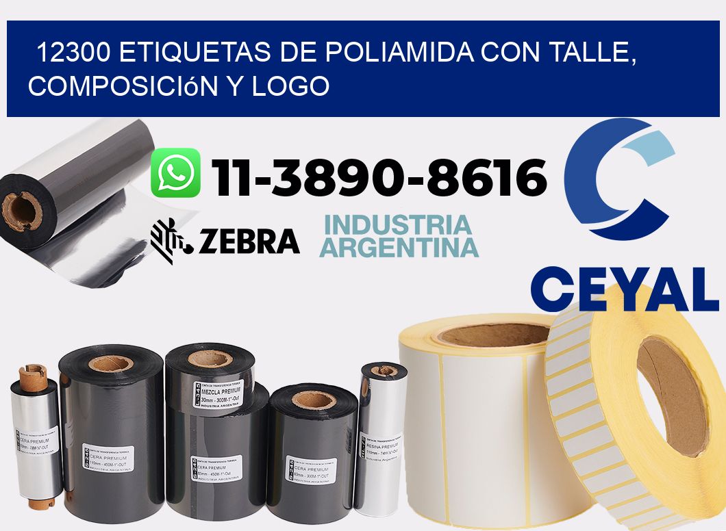 12300 Etiquetas de poliamida con talle, composición y logo