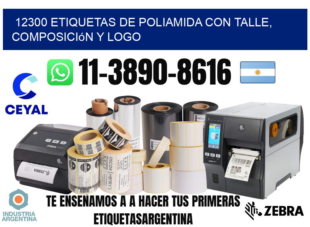 12300 Etiquetas de poliamida con talle, composición y logo