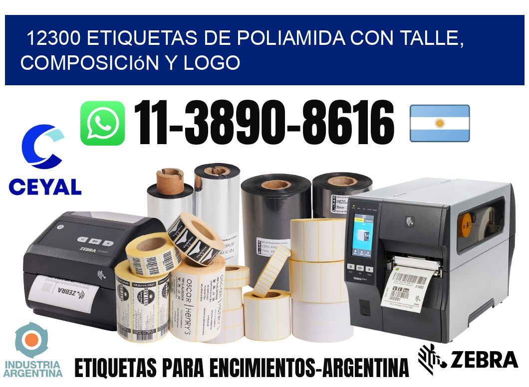 12300 Etiquetas de poliamida con talle, composición y logo
