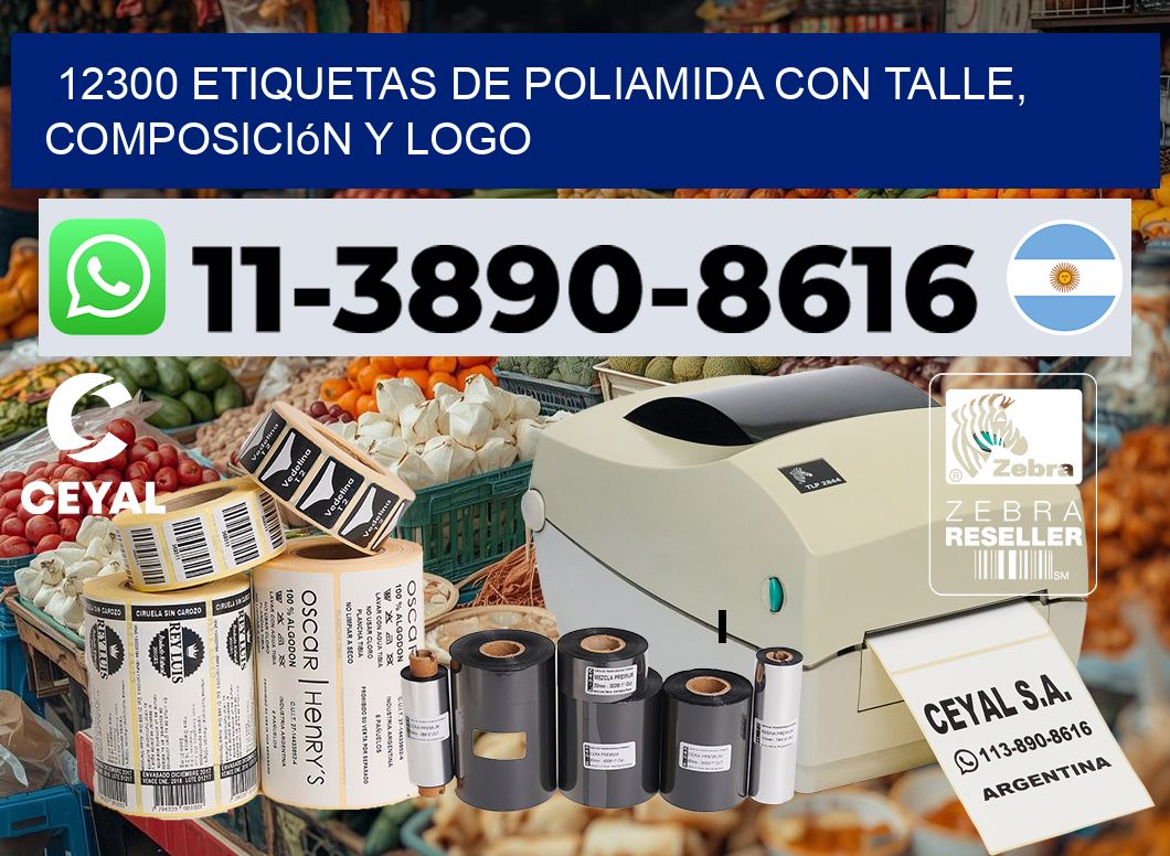 12300 Etiquetas de poliamida con talle, composición y logo