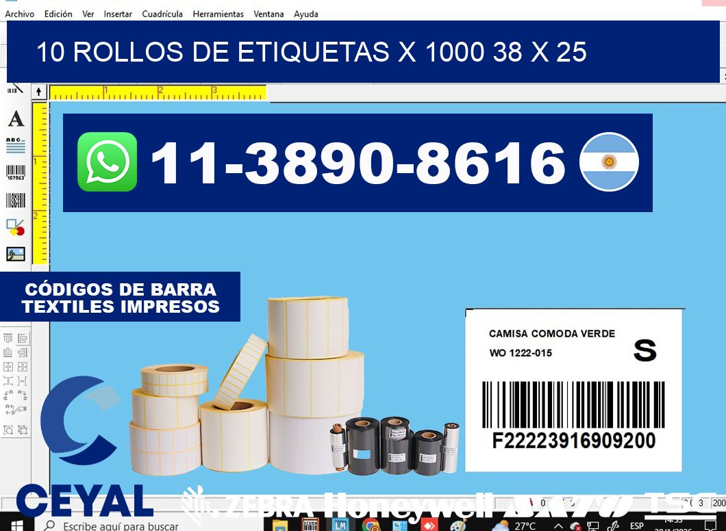 10 rollos de etiquetas x 1000 38 x 25