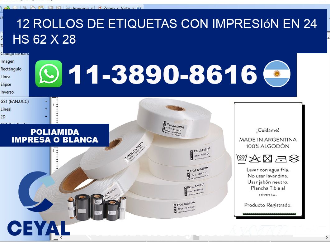 12 rollos de etiquetas con impresión en 24 hs 62 x 28