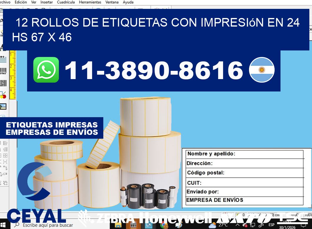 12 rollos de etiquetas con impresión en 24 hs 67 x 46