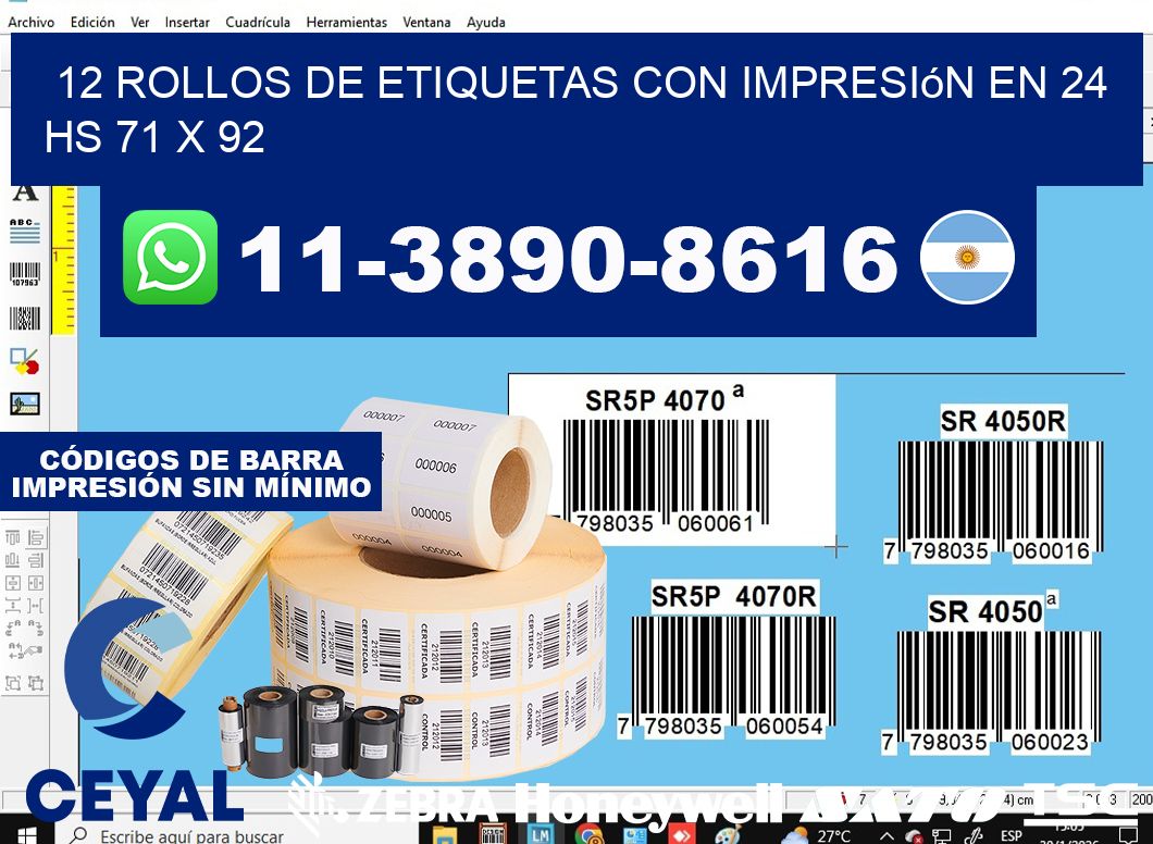 12 rollos de etiquetas con impresión en 24 hs 71 x 92