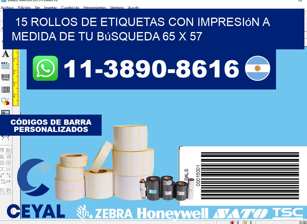 15 rollos de etiquetas con impresión a medida de tu búsqueda 65 x 57