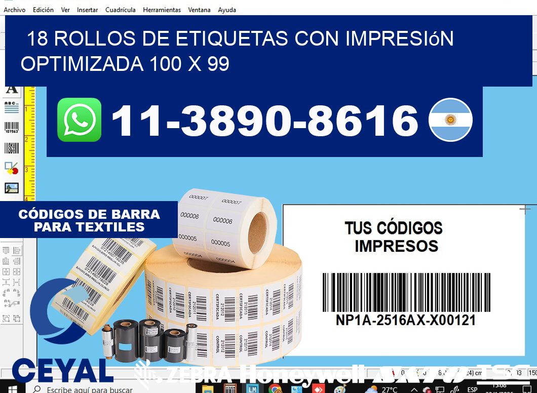 18 rollos de etiquetas con impresión optimizada 100 x 99