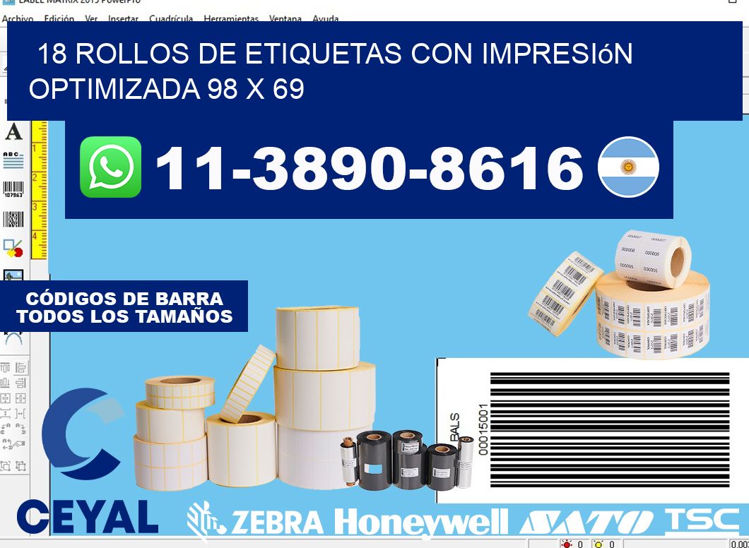 18 rollos de etiquetas con impresión optimizada 98 x 69