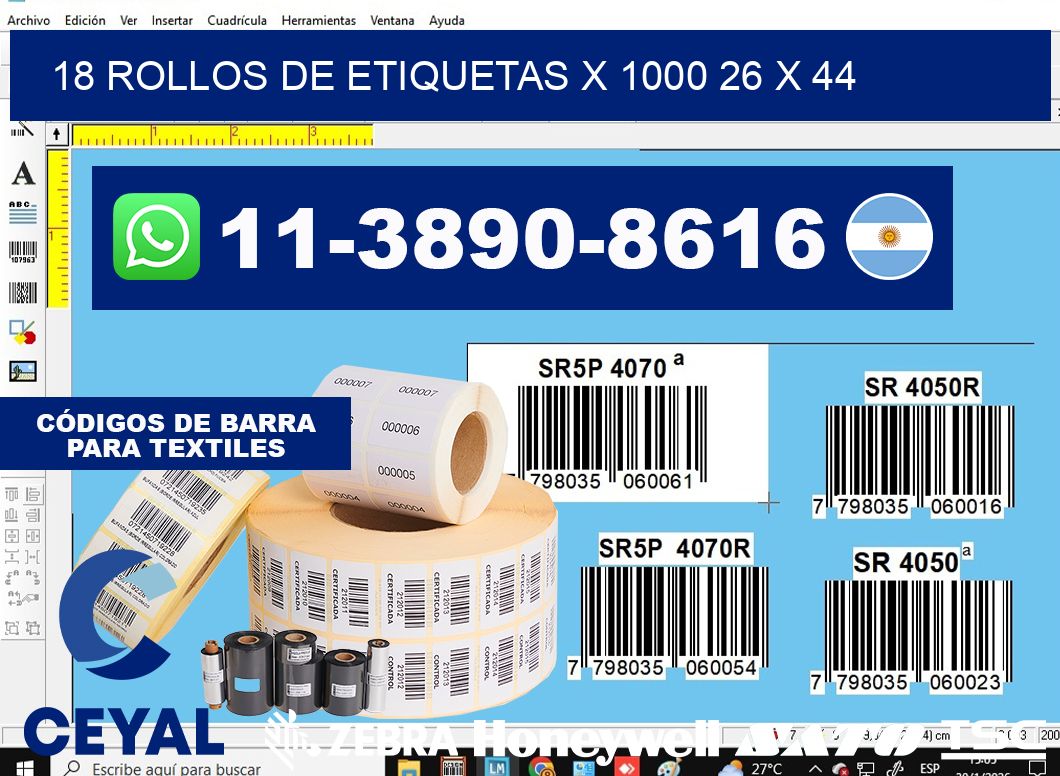 18 rollos de etiquetas x 1000 26 x 44