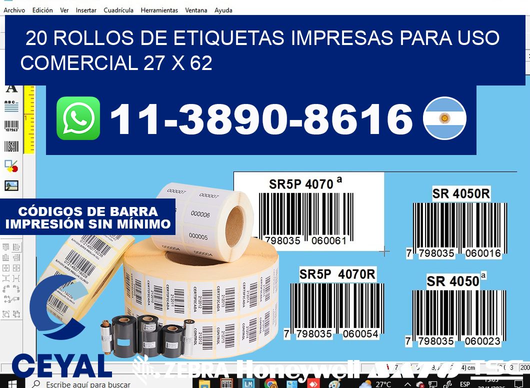 20 rollos de etiquetas impresas para uso comercial 27 x 62
