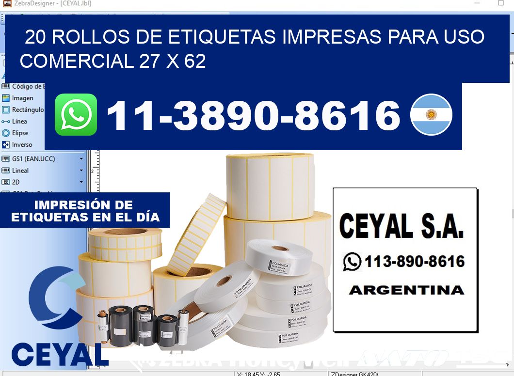 20 rollos de etiquetas impresas para uso comercial 27 x 62
