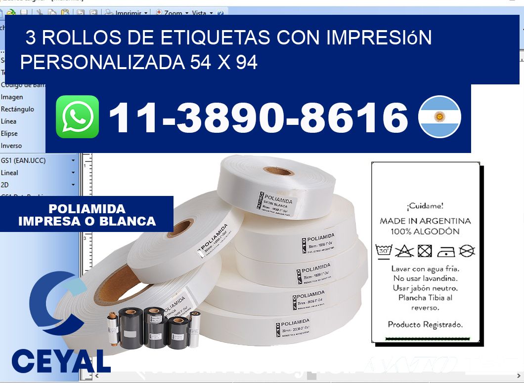 3 rollos de etiquetas con impresión personalizada 54 x 94