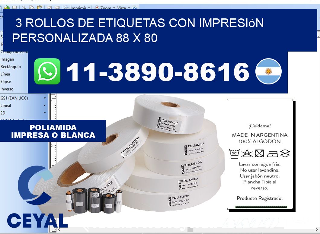 3 rollos de etiquetas con impresión personalizada 88 x 80