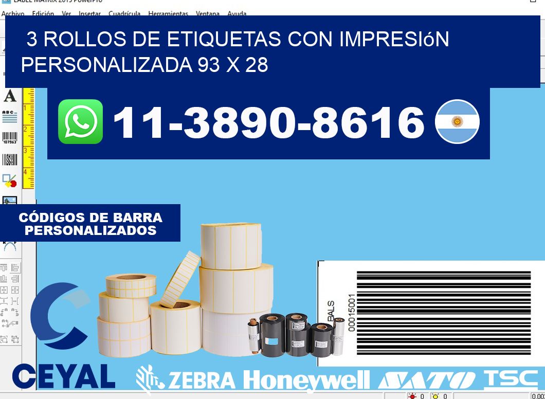 3 rollos de etiquetas con impresión personalizada 93 x 28