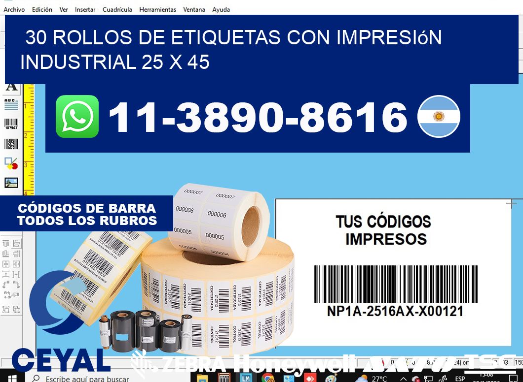30 rollos de etiquetas con impresión industrial 25 x 45