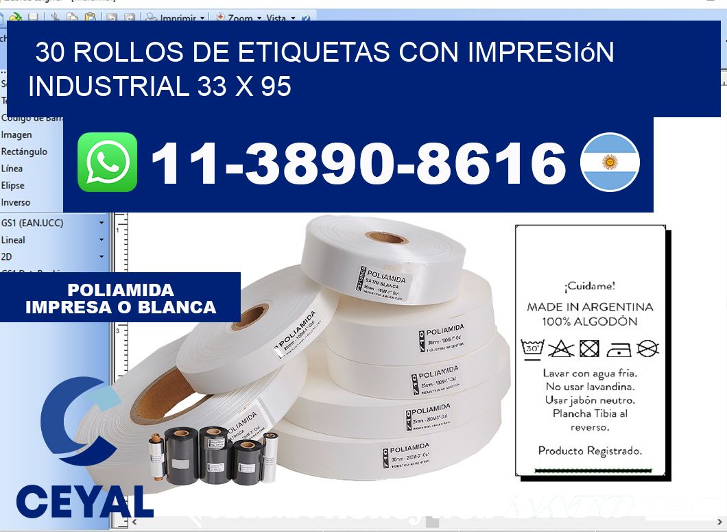 30 rollos de etiquetas con impresión industrial 33 x 95