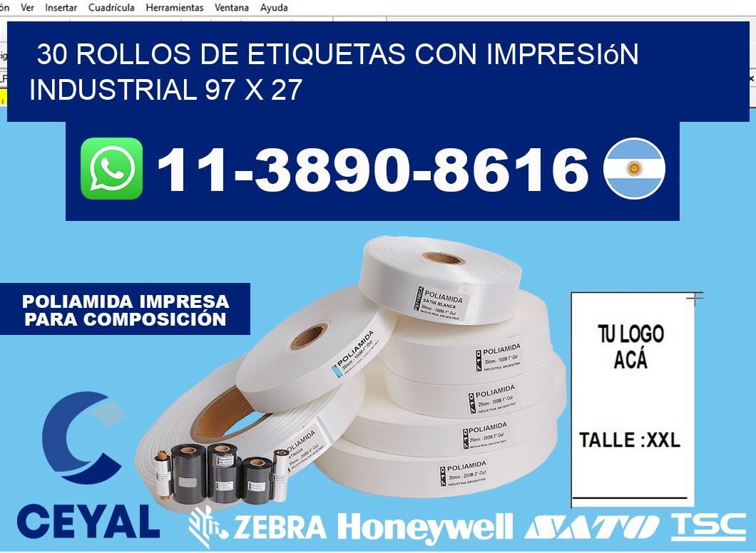 30 rollos de etiquetas con impresión industrial 97 x 27