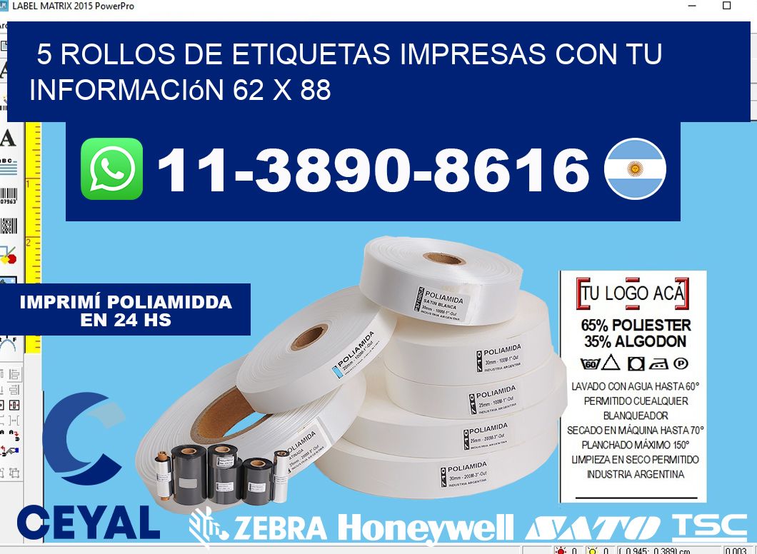 5 rollos de etiquetas impresas con tu información 62 x 88