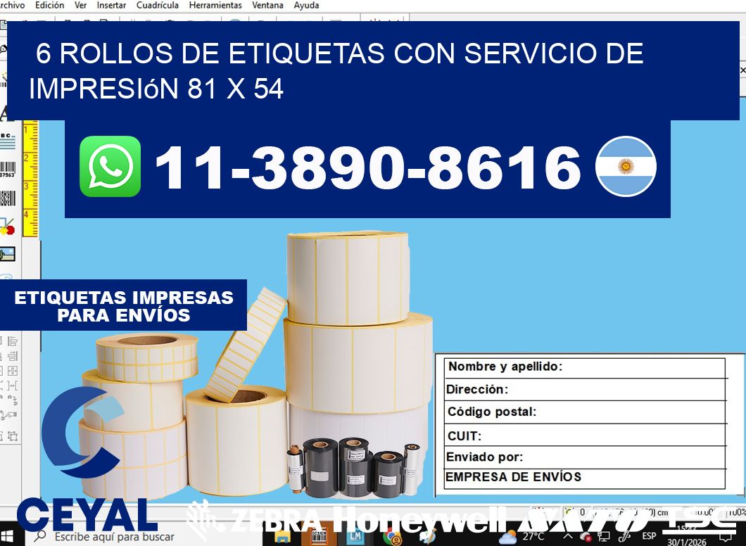 6 rollos de etiquetas con servicio de impresión 81 x 54