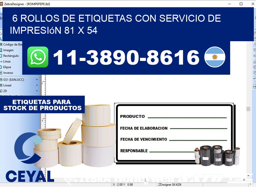 6 rollos de etiquetas con servicio de impresión 81 x 54