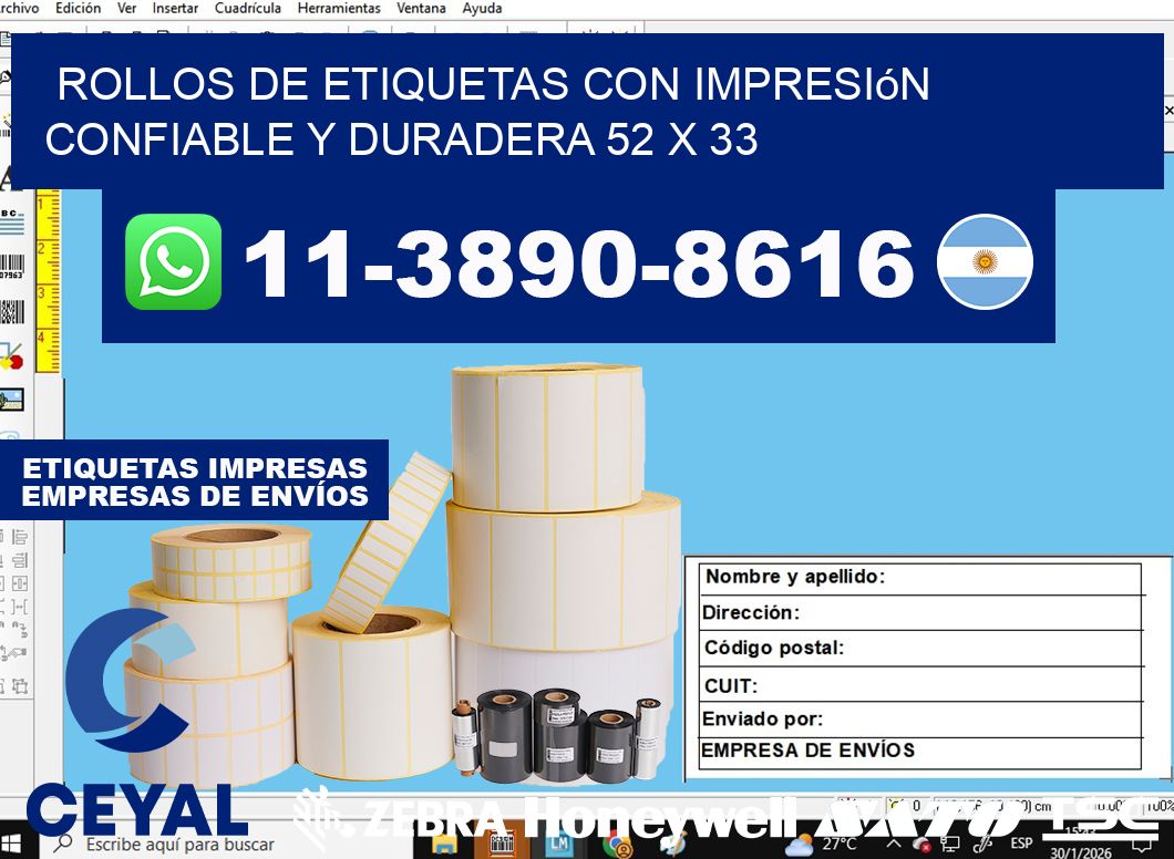 rollos de etiquetas con impresión confiable y duradera 52 x 33