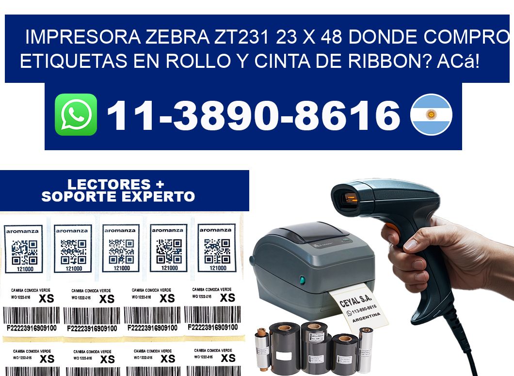 impresora zebra zt231 23 x 48 Donde compro etiquetas en rollo y cinta de ribbon? Acá!